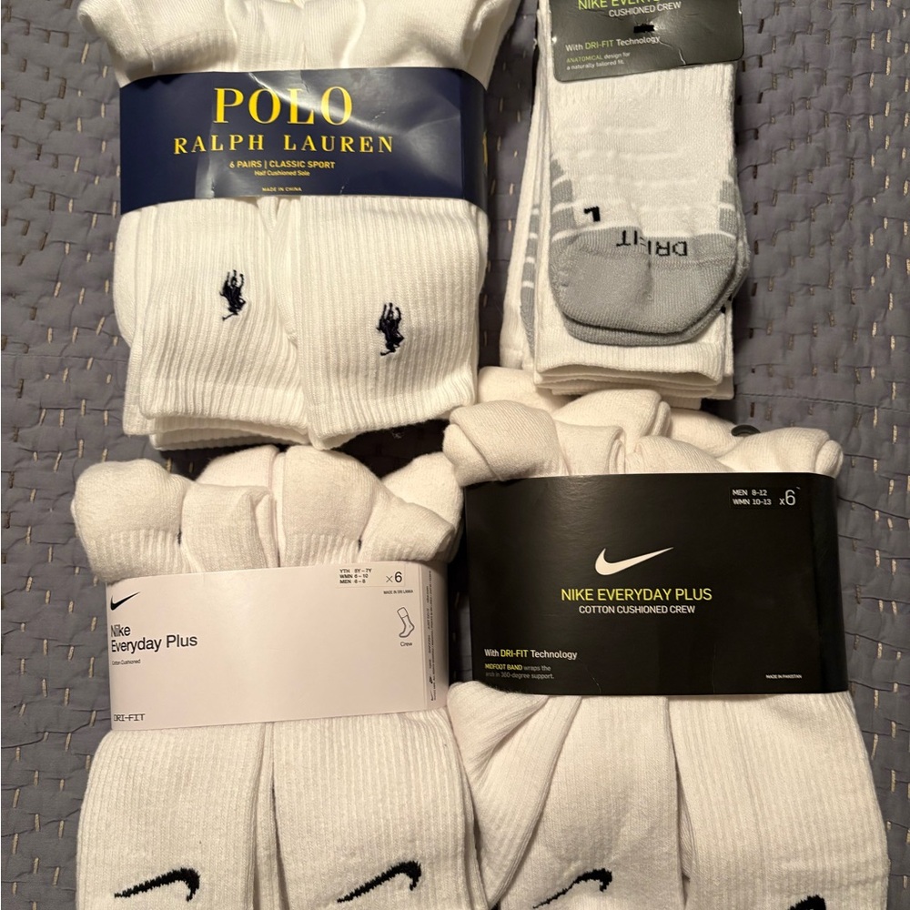 Nike Everyday Plus White Crew & Polo Ralph Lauren Socks Three 6-Packs & a 3-Pack
